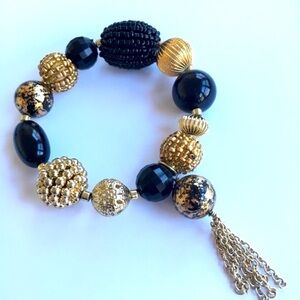 Black & Gold Stretchy Bead Bracelet with Dangle